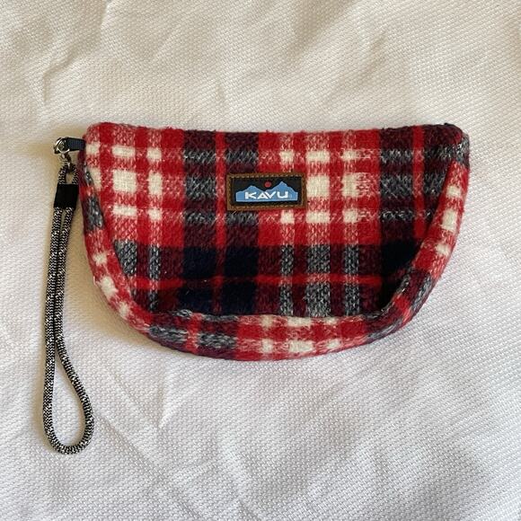 Kavu Tabernash Red Plaid Print Wristlet Pouch Detachable Strap Zipper Lined - Picture 1 of 10